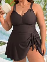 Asoul V Neck Tie Side Scalloped Tummy Control Plus Size Swimdress