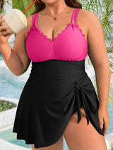 Asoul V Neck Tie Side Scalloped Tummy Control Plus Size Swimdress