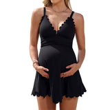 Sociala Ribbed Maternity Swimsuit One Piece Swim Dress Scalloped V Neck Pregnancy Bathing Suit Tie Back Swimwear