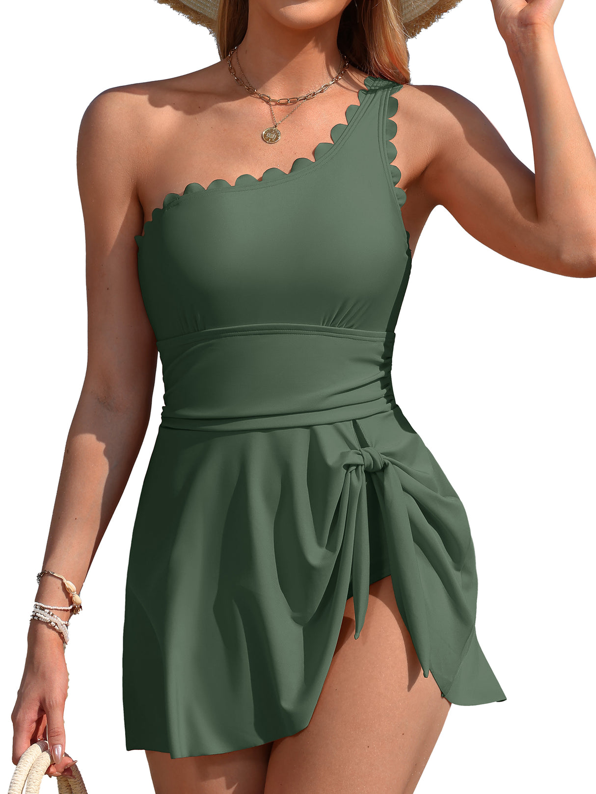 Asoul Scalloped One Shoulder One Piece Swimsuit Womens Tummy Control Bathing Suit with Skirt Tie Knot Cute Swimwear