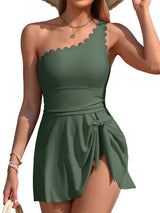 Asoul Scalloped One Shoulder One Piece Swimsuit Womens Tummy Control Bathing Suit with Skirt Tie Knot Cute Swimwear