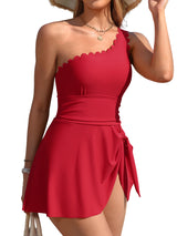 Asoul Scalloped One Shoulder One Piece Swimsuit Womens Tummy Control Bathing Suit with Skirt Tie Knot Cute Swimwear
