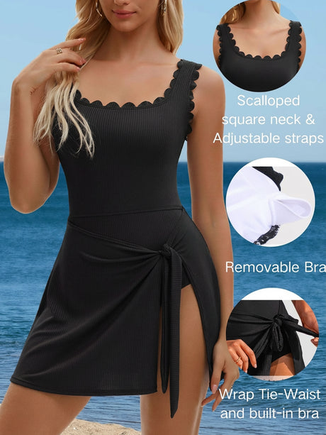 Asoul Scalloped Ribbed One-Piece Tummy Control Swimsuits for Women Wrap Tie Swim Dress Modest Bathing Suits with Skirts
