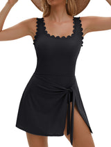 Asoul Scalloped Ribbed One-Piece Tummy Control Swimsuits for Women Wrap Tie Swim Dress Modest Bathing Suits with Skirts