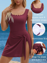 Asoul Scalloped Ribbed One-Piece Tummy Control Swimsuits for Women Wrap Tie Swim Dress Modest Bathing Suits with Skirts