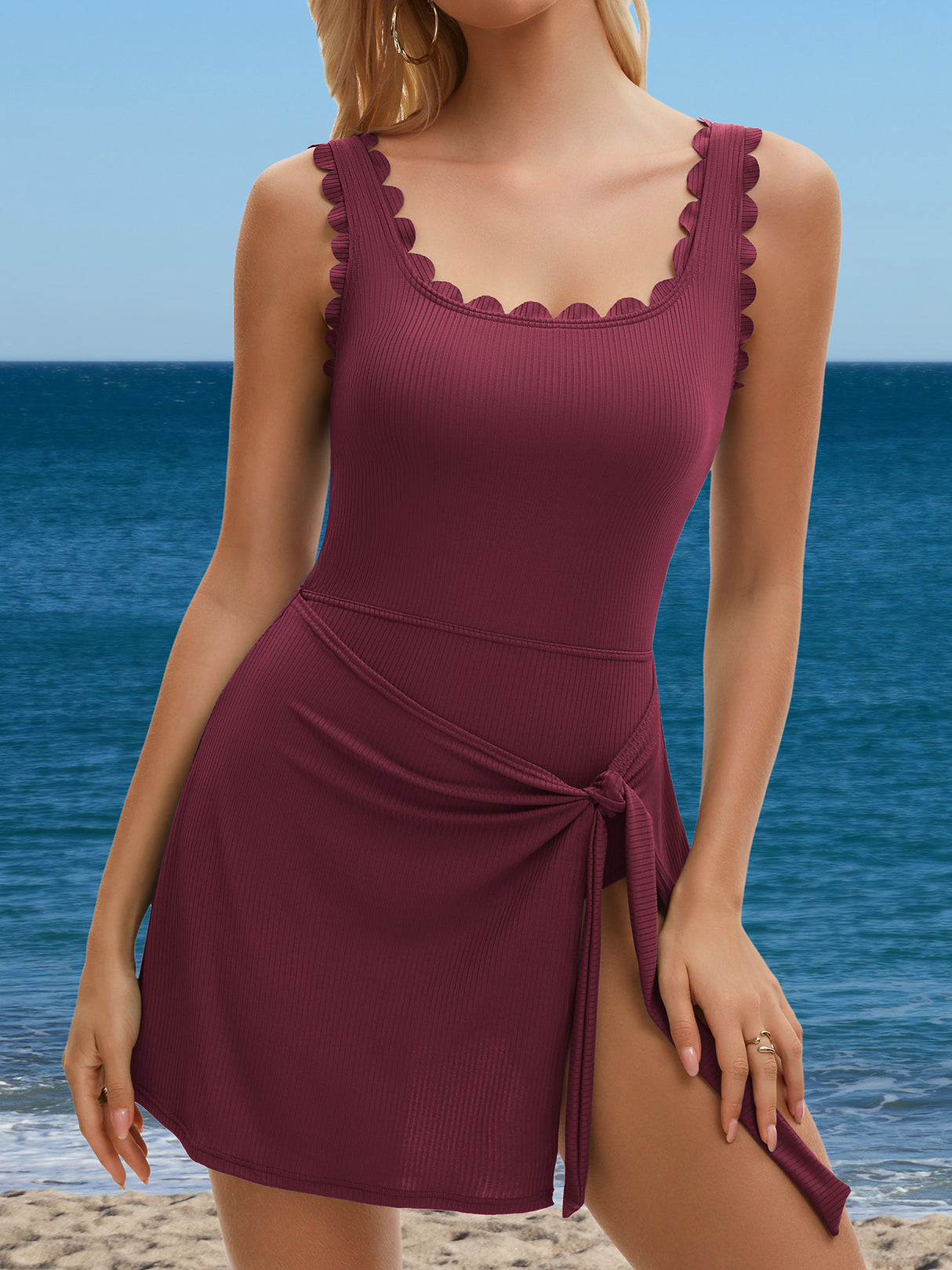 Asoul Scalloped Ribbed One-Piece Tummy Control Swimsuits for Women Wrap Tie Swim Dress Modest Bathing Suits with Skirts