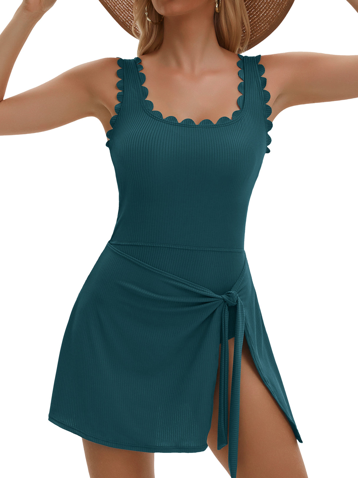 Asoul Scalloped Ribbed One-Piece Tummy Control Swimsuits for Women Wrap Tie Swim Dress Modest Bathing Suits with Skirts