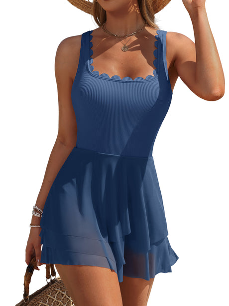 Asoul One Piece Mesh Sheer Swimdress for Womens Tummy Control Swimsuit Full Coverage Bathing Suits