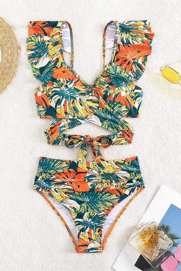 V Neck High Waisted Tie Back Ruffle Plants Print One Piece Swimsuit