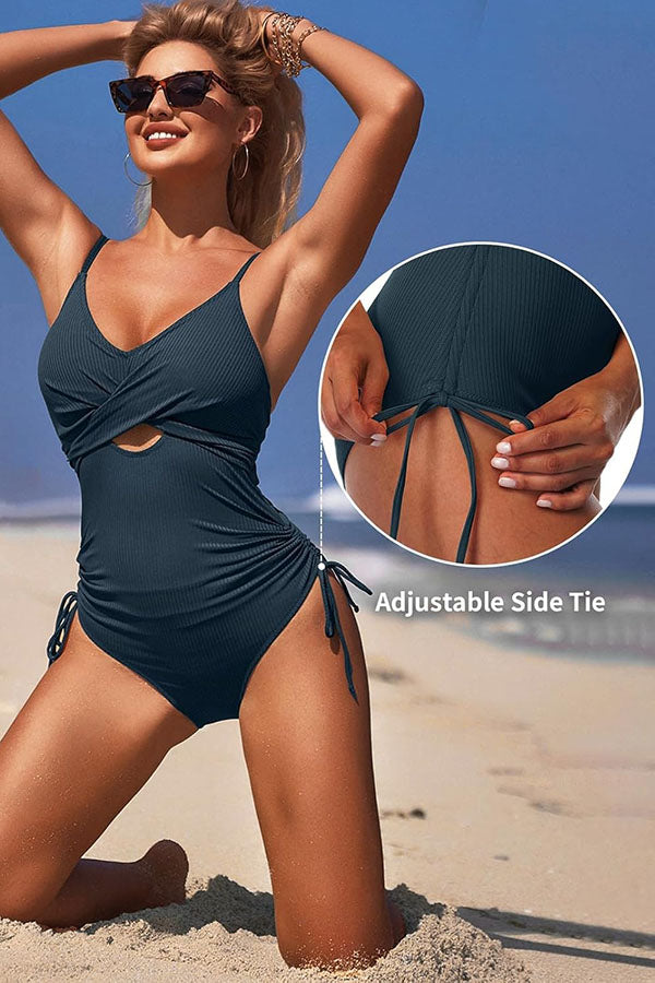 Ribbed Drawstring High Cut Twist Front Push Up One Piece Swimsuit