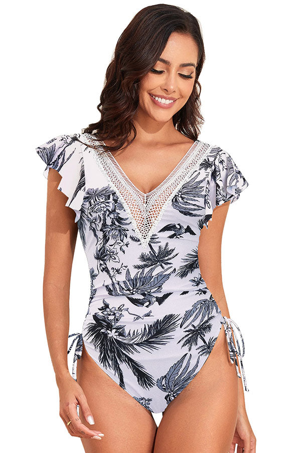 V Neck Ruffle Drawstring Backless One Piece Swimsuit