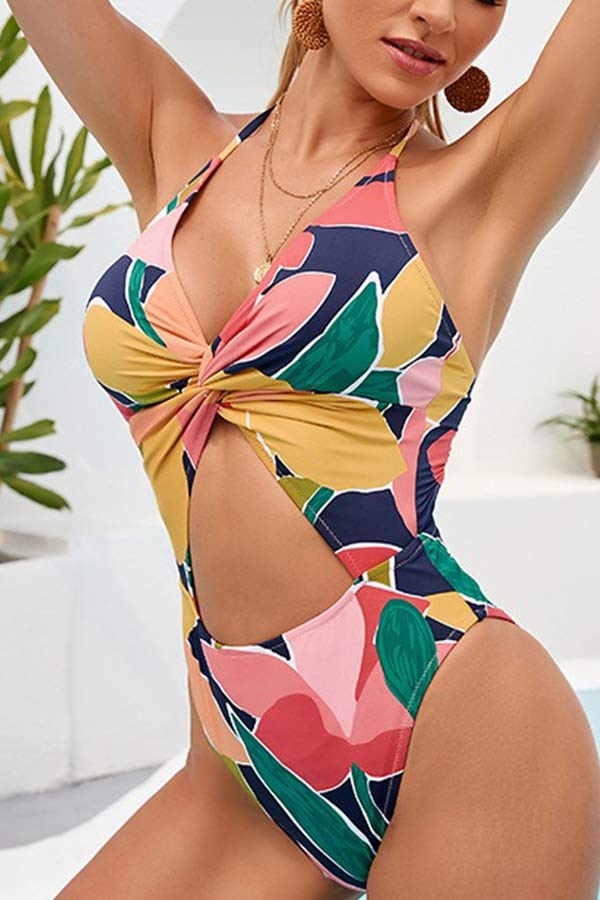 Color-block Spegatti Strap Ruching Cut Out Halter One Piece Swimsuit