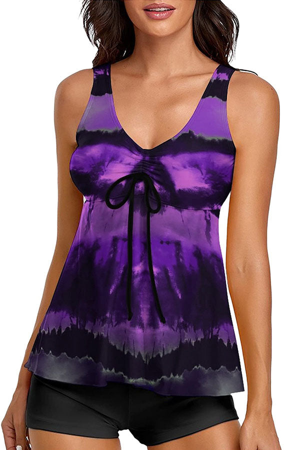 Tie Dye Wide Strap Tummy Control Bowknot Tankini Swimsuits