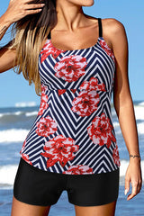 Floral &Striped Pattern Tummy Control High Waist Tankini Swimsuits