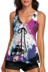 Tie Dye Wide Strap Tummy Control Bowknot Tankini Swimsuits