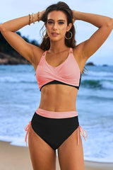 Scoop Neck Crisscross Drawstring High Waisted Bikini Suits