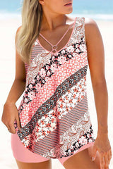 Floral Wide Strap Cirss Cross Tankini Swimsuits