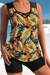 Leaves Asymmetric Wide Strap Cirss Cross Tankini Swimsuits