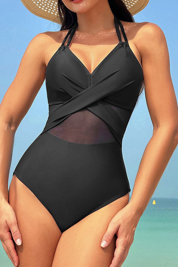Solid Lace Up Cirss Cross One Piece Swimsuit