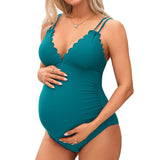 Sociala Maternity Swimsuit One Piece Tie Back Bathing Suit Scallop Trim V Neck Pregnancy Swimwear