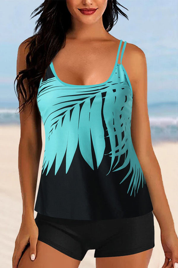 Leaves Pattern Adjustable Straps High Waist Tankini Swimsuits