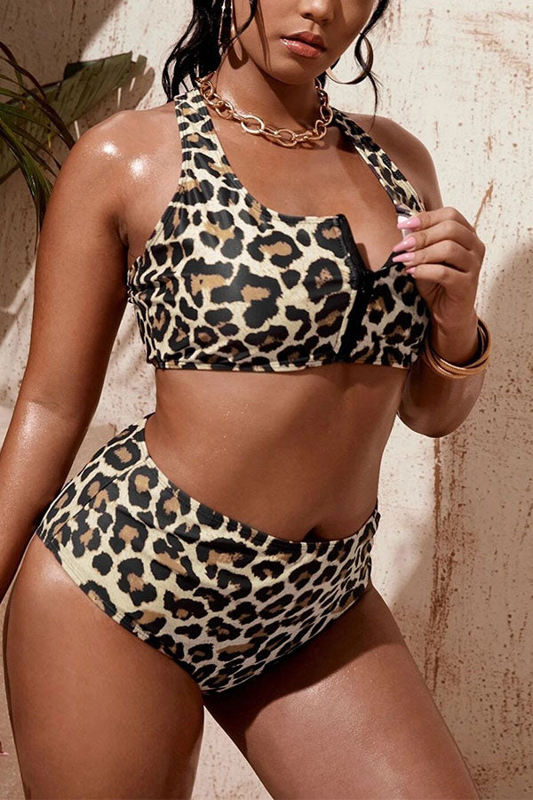 Plus Size Leopard Square Neck Zipper Cut Out Split Bikini Set