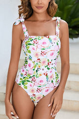 Clearance | Square Neck Lace Up Strap Floral One Piece Swimsuit