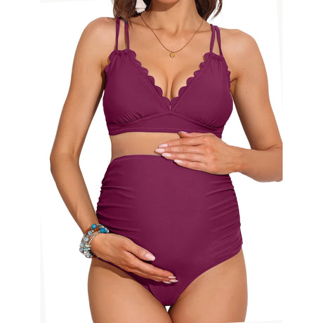 Sociala Women's Double Straps Maternity Bikini Set Two Piece Scalloped Bathing Suit Swimsuit
