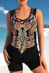 Tribal Print Strap Cirss Cross Tummy Control Tankini Swimsuits