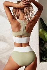 U Neck High Waisted Racerback Zipper Modest Bikini Suits