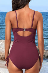 Ribbed Drawstring High Cut Twist Front Push Up One Piece Swimsuit