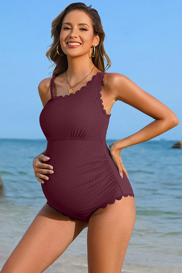 Ribbed Ruched One Shoulder Pregnancy One Piece Swimwear