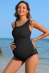 Ribbed Ruched One Shoulder Pregnancy One Piece Swimwear