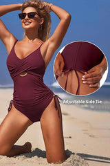 Ribbed Drawstring High Cut Twist Front Push Up One Piece Swimsuit