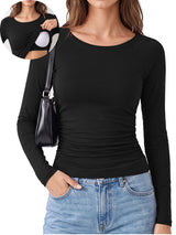Charmo Women's Built-in Bra Long Sleeve Slim Shirts Scoop Neck Tight Basic Tops Casual Workout Outfits