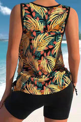 Leaves Asymmetric Wide Strap Cirss Cross Tankini Swimsuits