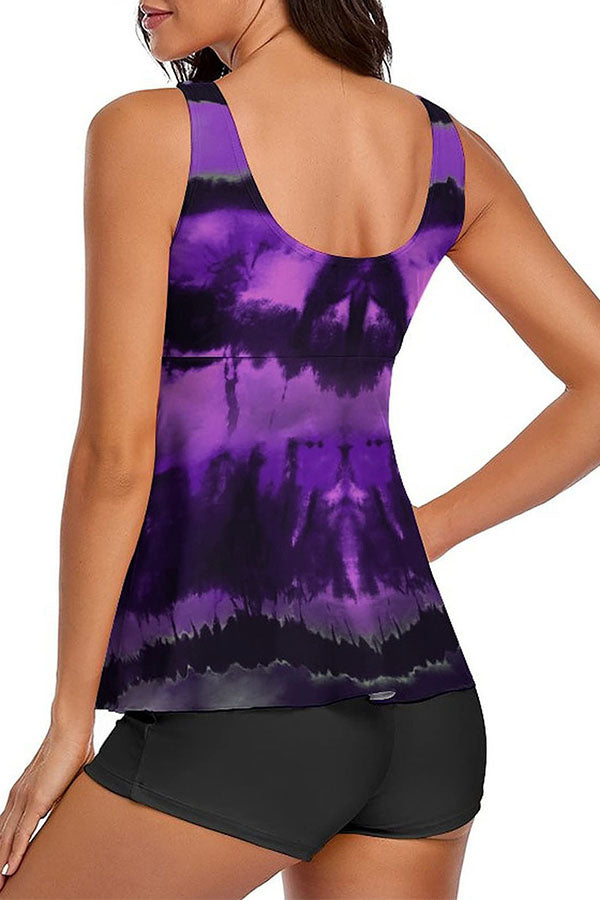 Tie Dye Wide Strap Tummy Control Bowknot Tankini Swimsuits