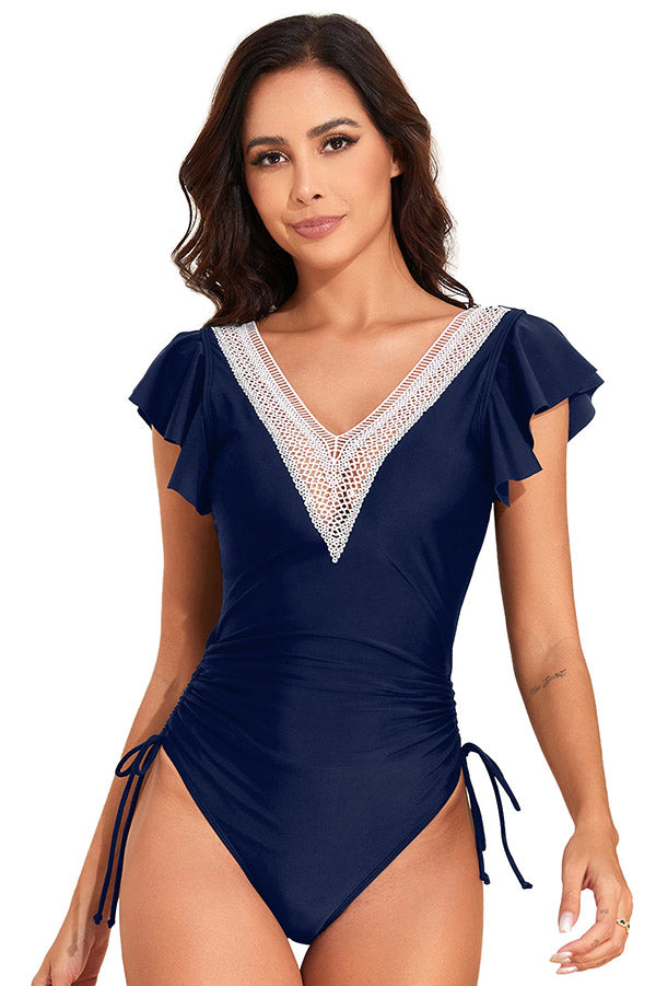 V Neck Ruffle Drawstring Backless One Piece Swimsuit