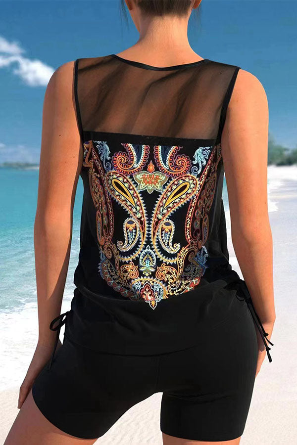 Tribal Print Strap Cirss Cross Tummy Control Tankini Swimsuits