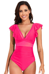 V Neck Ruffle Mesh Tummy Control One Piece Swimsuit