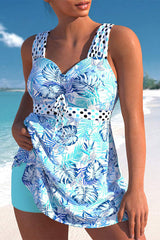 Plus Size Floral Wide Strap Cirss Cross Tummy Control Swimdress