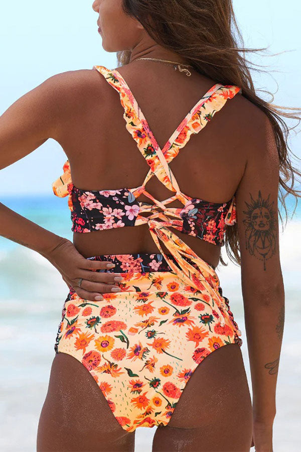 Floral Print Neck Lace Up Spegatti Strap  Bikini Suits