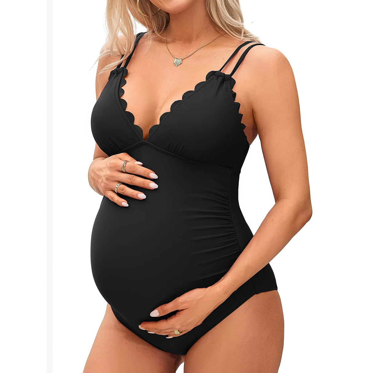Sociala Maternity Swimsuit One Piece Tie Back Bathing Suit Scallop Trim V Neck Pregnancy Swimwear