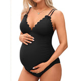 Sociala Maternity Swimsuit One Piece Tie Back Bathing Suit Scallop Trim V Neck Pregnancy Swimwear