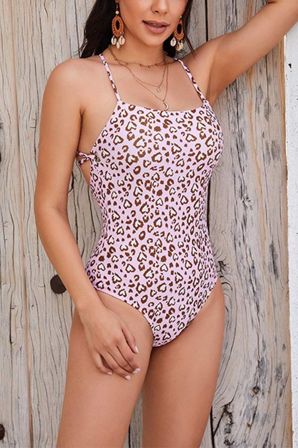Leopard Spegatti Strap Square Neck Backless One Piece Swimsuit