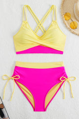 Scoop Neck Crisscross Drawstring High Waisted Bikini Suits