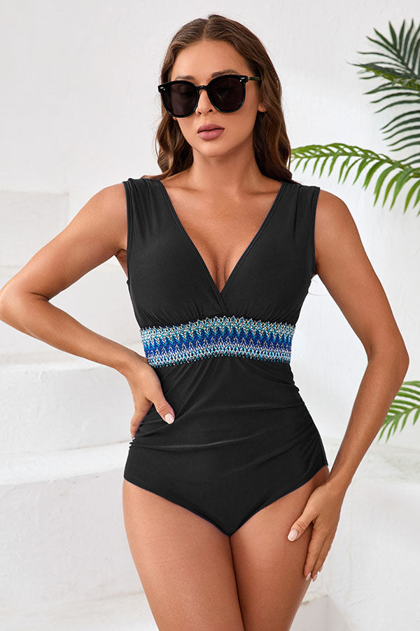 V Neck Ruched Tummy Control Sexy One Piece Swimsuit