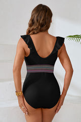 Color Block Ruffle Backless Elegant Plunge Swimsuit