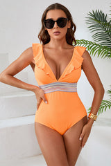 Color Block Ruffle Backless Elegant Plunge Swimsuit