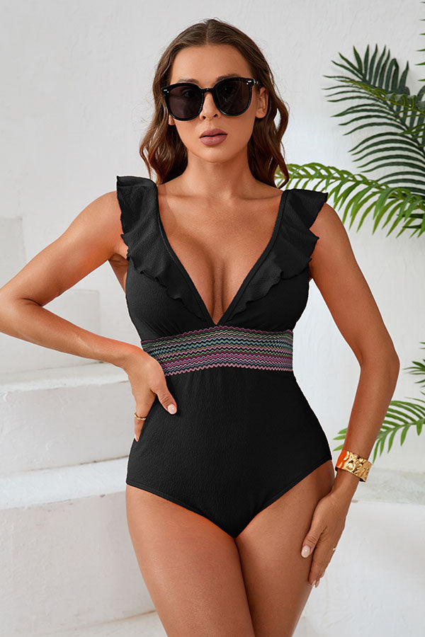 Color Block Ruffle Backless Elegant Plunge Swimsuit